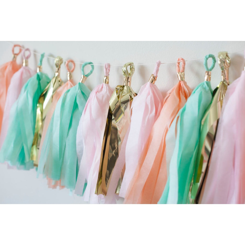 Fully Assembled 16 x Mint Pink Gold Apricot Tissue Paper Tassels for Party Wedding Gold Garland Bunting Pom Pom - Originalsgroup