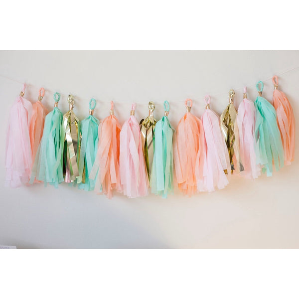 Fully Assembled 16 x Mint Pink Gold Apricot Tissue Paper Tassels for Party Wedding Gold Garland Bunting Pom Pom - Originalsgroup
