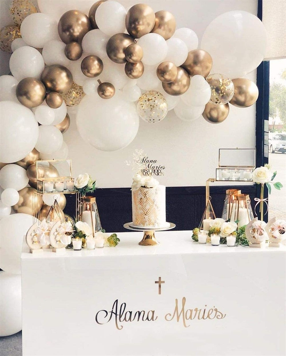 White Balloon Garland Arch Kit, White Gold Confetti Balloons 98 PCS, Artificial Palm Leaves 6 PCS Wedding Birthday Decorations - Originalsgroup