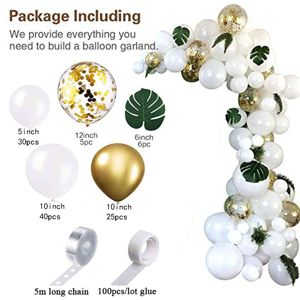 White Balloon Garland Arch Kit, White Gold Confetti Balloons 98 PCS, Artificial Palm Leaves 6 PCS Wedding Birthday Decorations - Originalsgroup