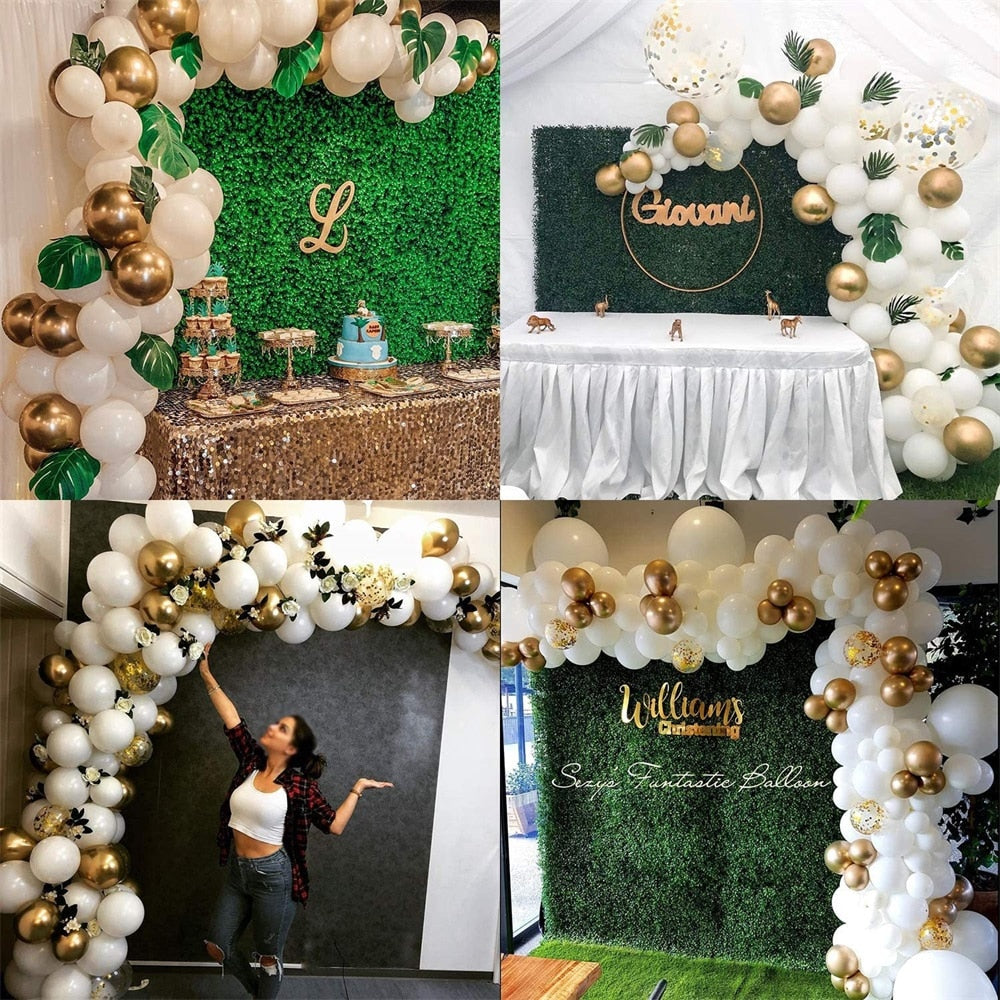 White Balloon Garland Arch Kit, White Gold Confetti Balloons 98 PCS, Artificial Palm Leaves 6 PCS Wedding Birthday Decorations - Originalsgroup