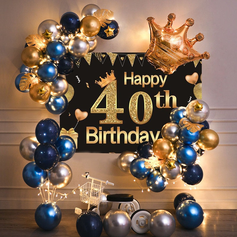 40th Birthday Party Decorations Gold Blue Metallic Balloons Garland Kit With Backdrops Background For Men Women Party Decor - Originalsgroup
