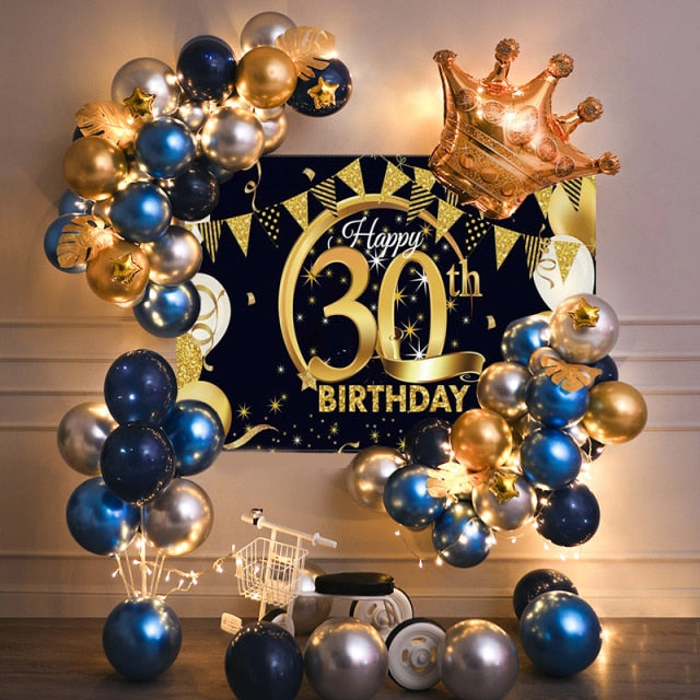 40th Birthday Party Decorations Gold Blue Metallic Balloons Garland Kit With Backdrops Background For Men Women Party Decor - Originalsgroup