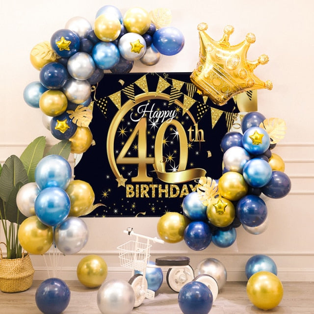 40th Birthday Party Decorations Gold Blue Metallic Balloons Garland Kit With Backdrops Background For Men Women Party Decor - Originalsgroup