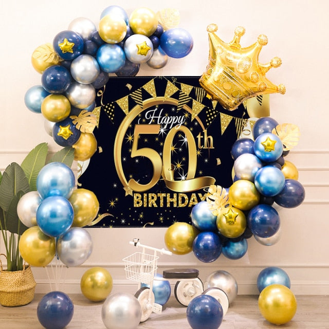 40th Birthday Party Decorations Gold Blue Metallic Balloons Garland Kit With Backdrops Background For Men Women Party Decor - Originalsgroup