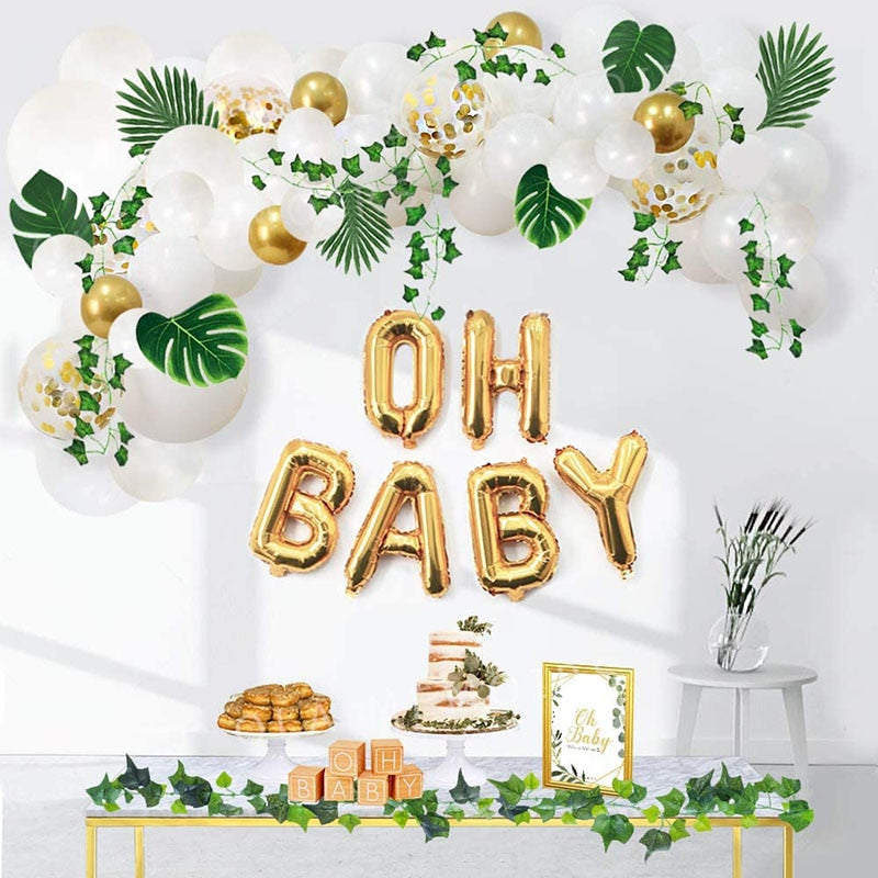 Greenery Baby Shower Neutral White Balloon Garland Arch Kit Oh Baby Banner With Ivy Leaf Garland Vines Birthday Balloons Decor - Originalsgroup