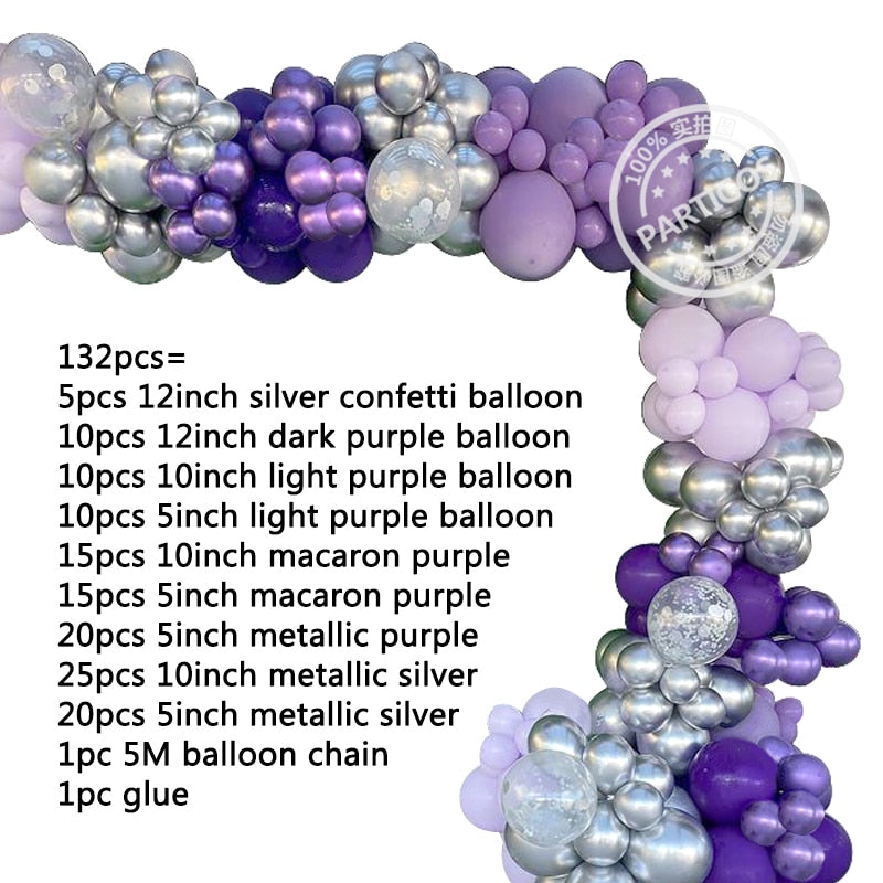 132pcs Macaron Purple Wedding Balloon Garland Metallic Purple Silver Balloons Arch Kit One Party Anniversary Birthday Decor - Originalsgroup