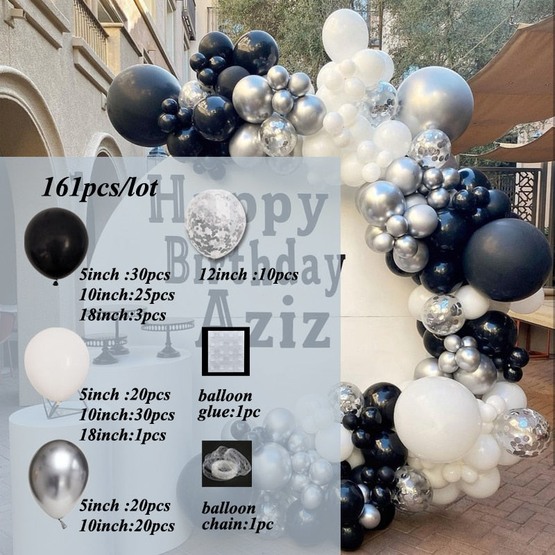 161pcs Black White Balloons Garland Arch Kit Latex Silver Chorme Globos Baby Shower Supplies Birthday Party Wedding Decors - Originalsgroup